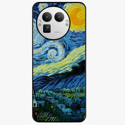Van Gogh Art Glass Case showing flat back view with classic painterly artwork inspired by Van Gogh style and glossy glass finish.