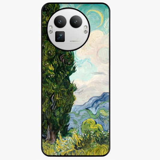 Van Gogh Vintage Art Glass Case showing flat back view with vintage painterly artwork inspired by Van Gogh style and glossy glass finish.
