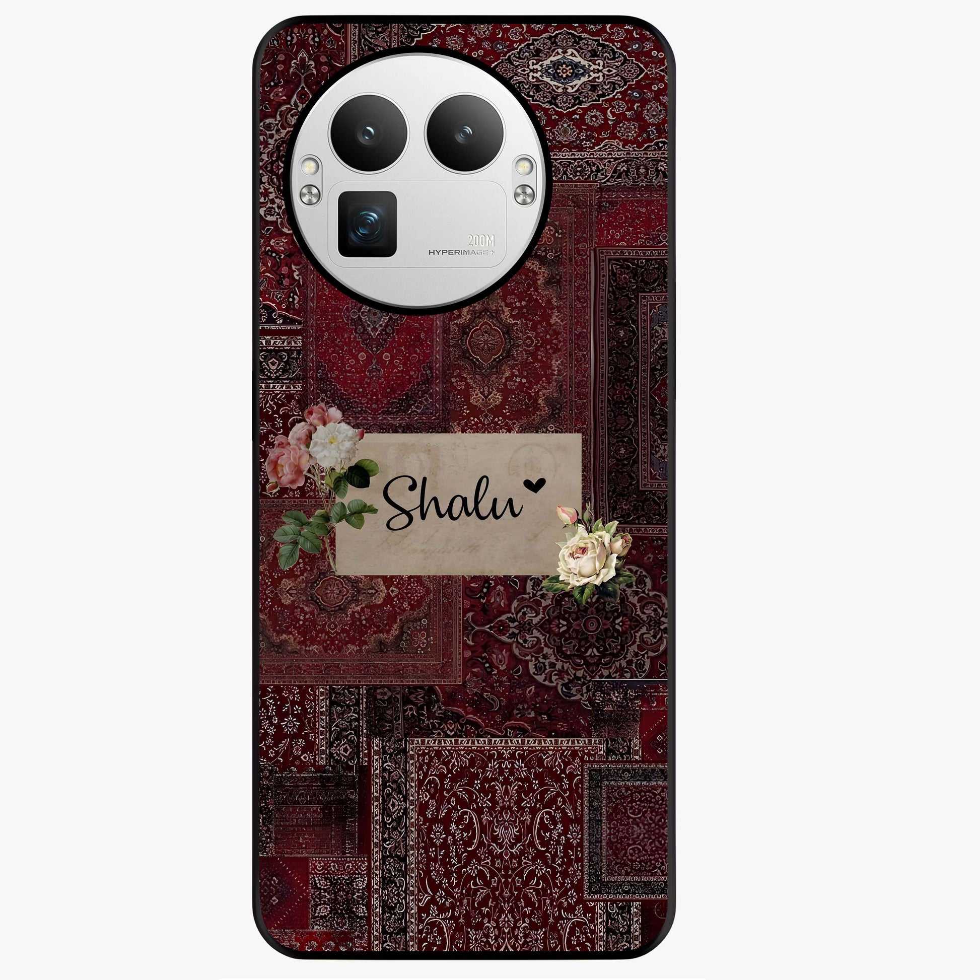 Velvet Wine Pattern Custom Name Glass Case showing flat back view with elegant wine colored pattern artwork and personalized name design.