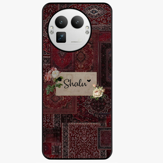 Velvet Wine Pattern Custom Name Glass Case showing flat back view with elegant wine colored pattern artwork and personalized name design.