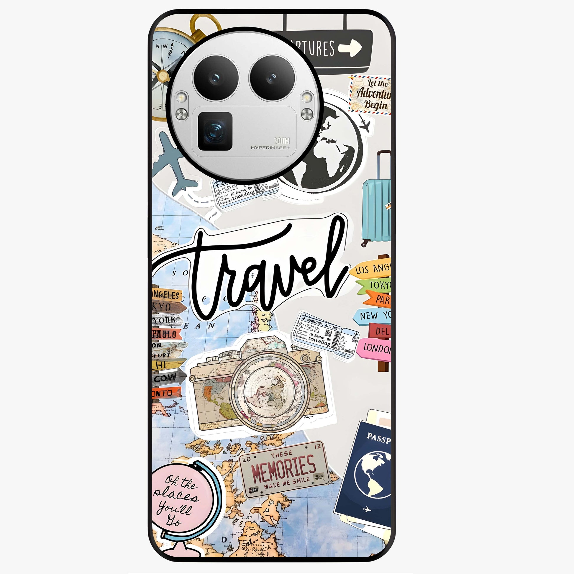 Wanderlust Journal Glass Case showing flat back view with travel inspired artwork and glossy glass finish.