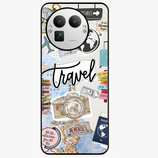 Wanderlust Journal Glass Case showing flat back view with travel inspired artwork and glossy glass finish.