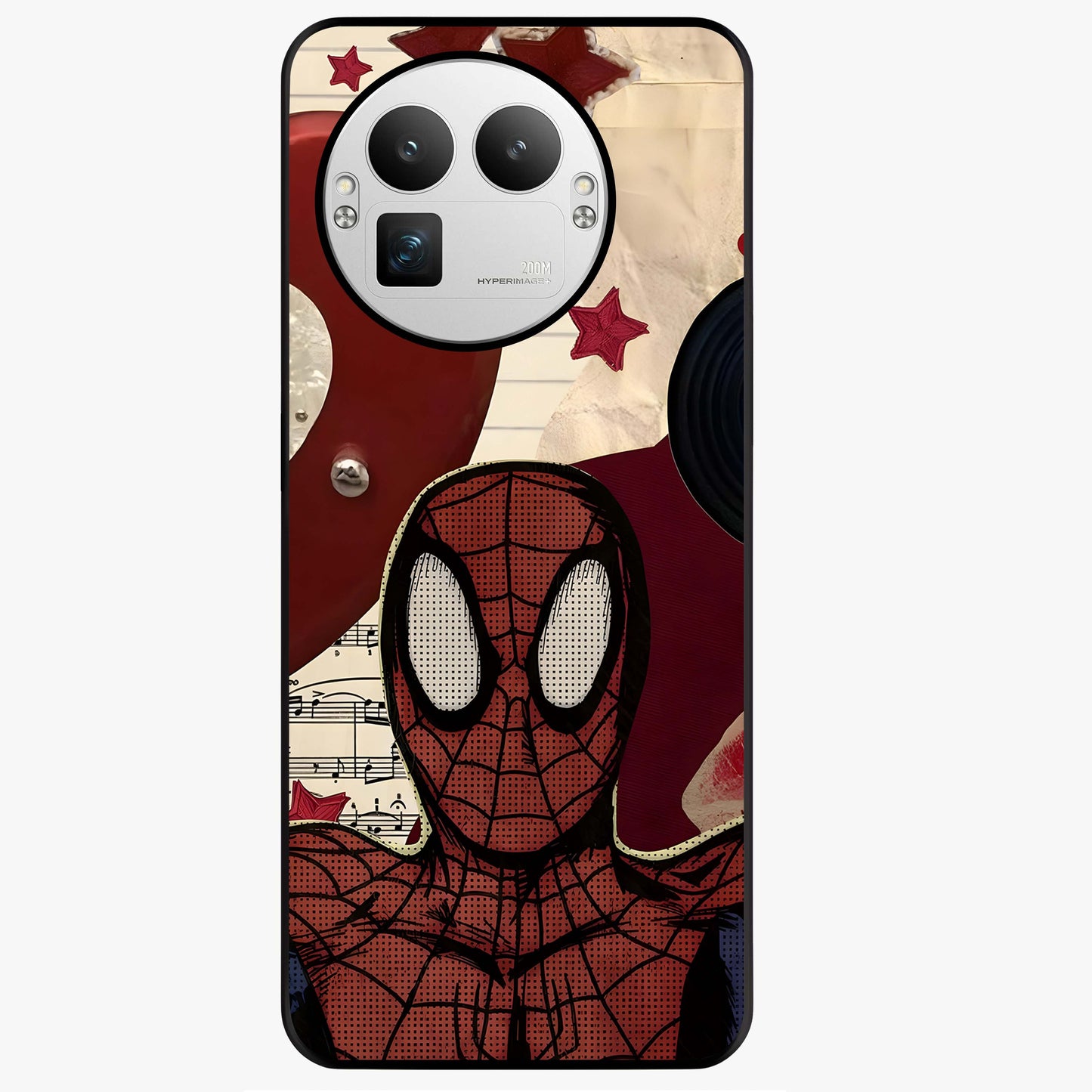 Web Warrior Vibes Glass Case showing flat back view with superhero inspired web themed artwork and glossy glass finish.