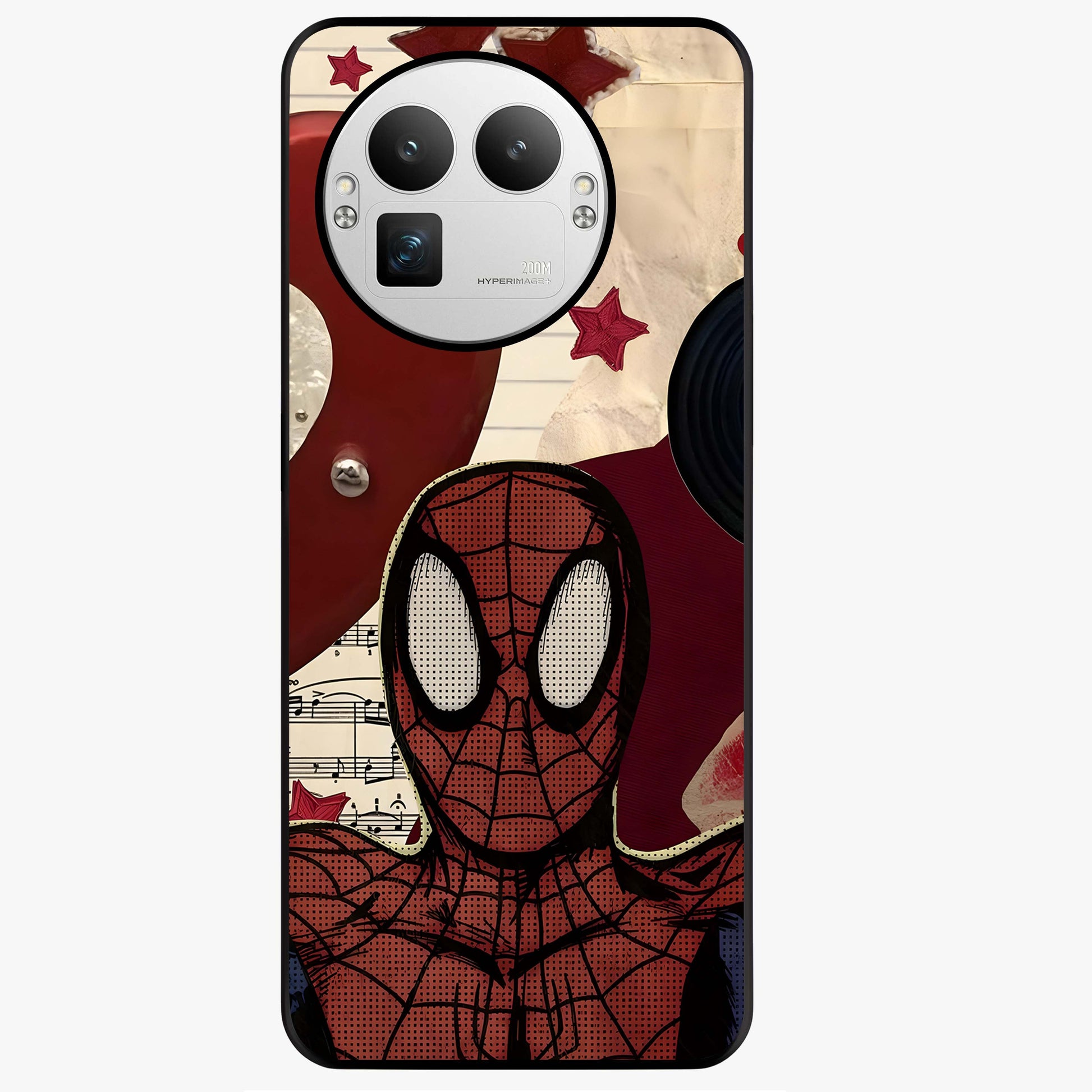 Web Warrior Vibes Glass Case showing flat back view with superhero inspired web themed artwork and glossy glass finish.