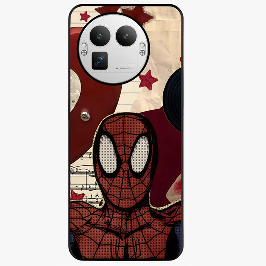 Web Warrior Vibes Glass Case showing flat back view with superhero inspired web themed artwork and glossy glass finish.
