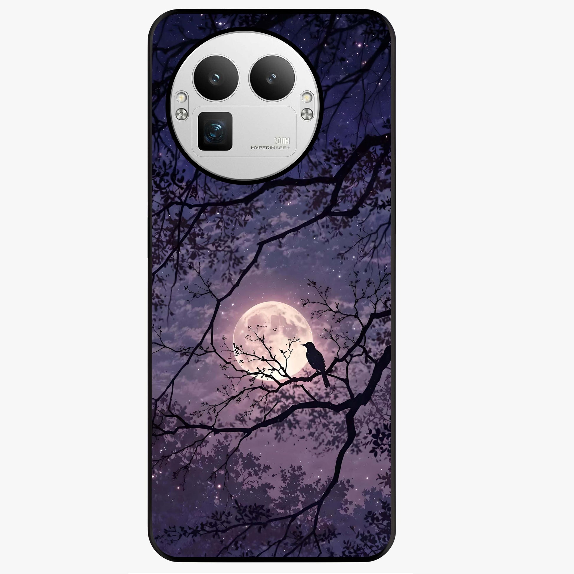 Whispering Moon Silence Glass Case showing flat back view with serene moon themed artwork and glossy glass finish.
