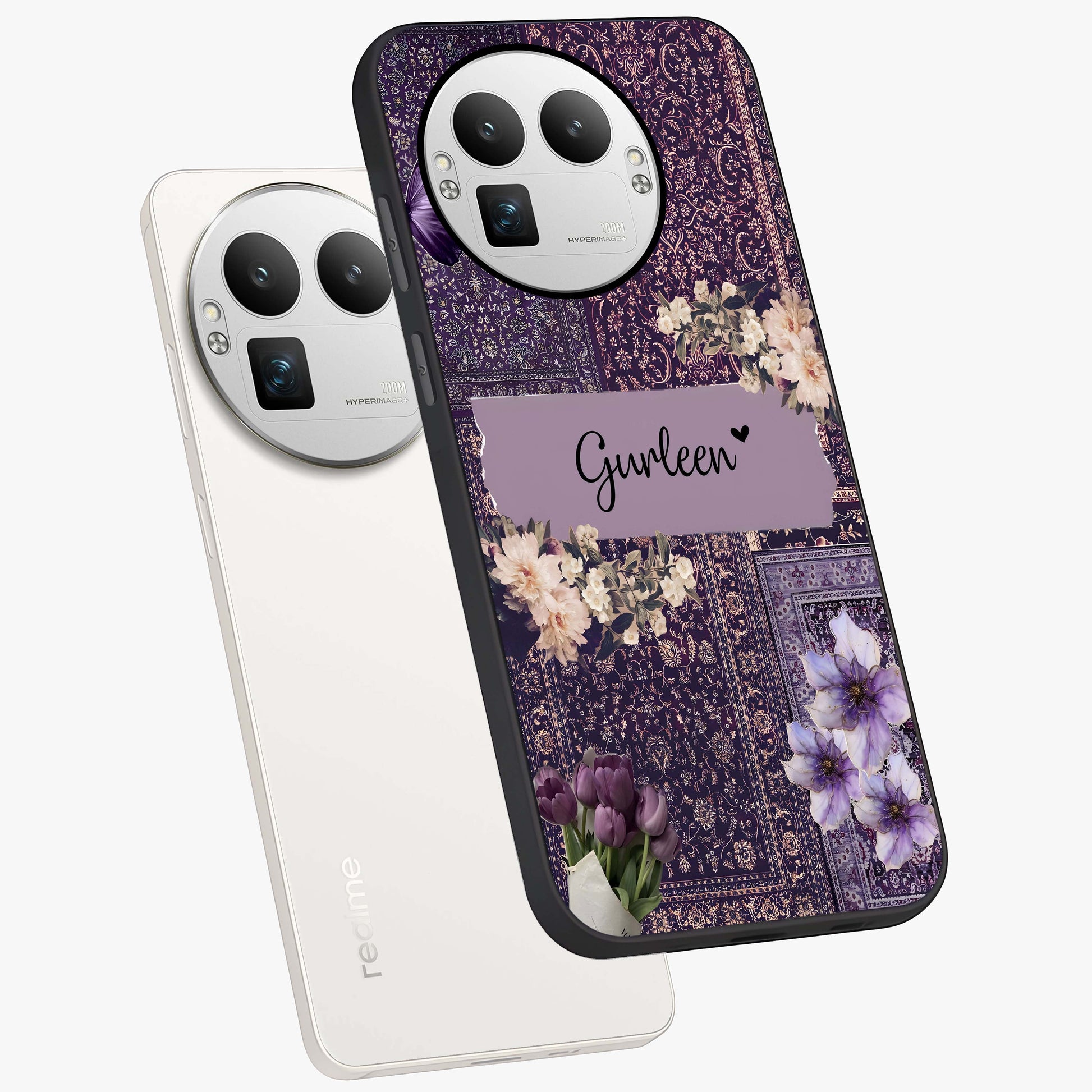 Antique Floral Whisper Custom Name Glass Case displayed in angled mockup highlighting elegant antique floral aesthetic.