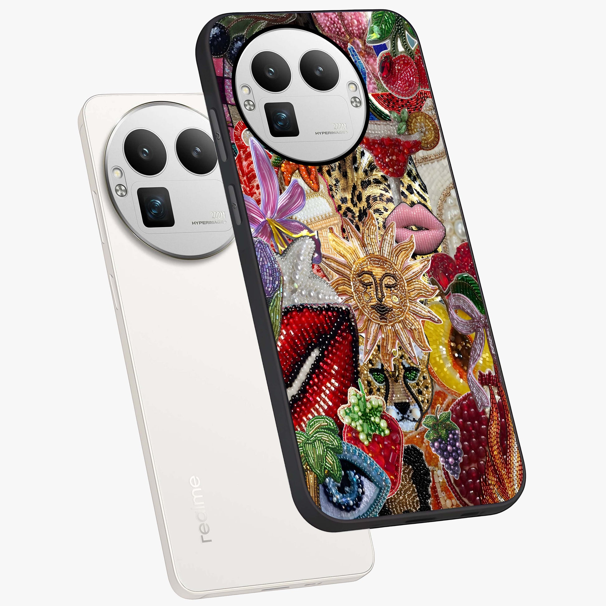 Beaded Fashion Jungle Glass Case displayed in angled mockup highlighting colorful fashion bead design and artistic pattern.
