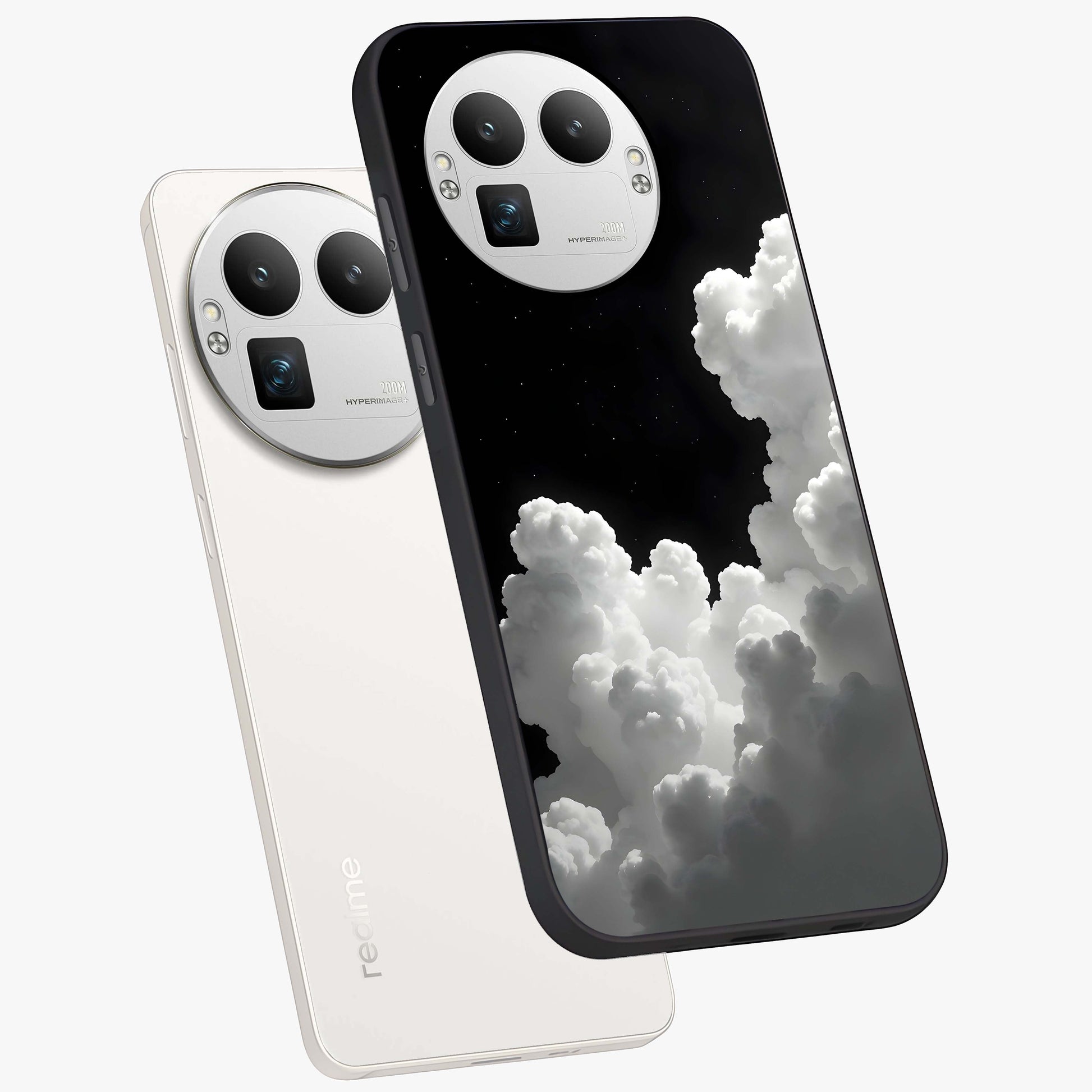 Black Background With White Cloud Glass Case displayed in angled mockup highlighting soft white cloud illustration and minimal design.