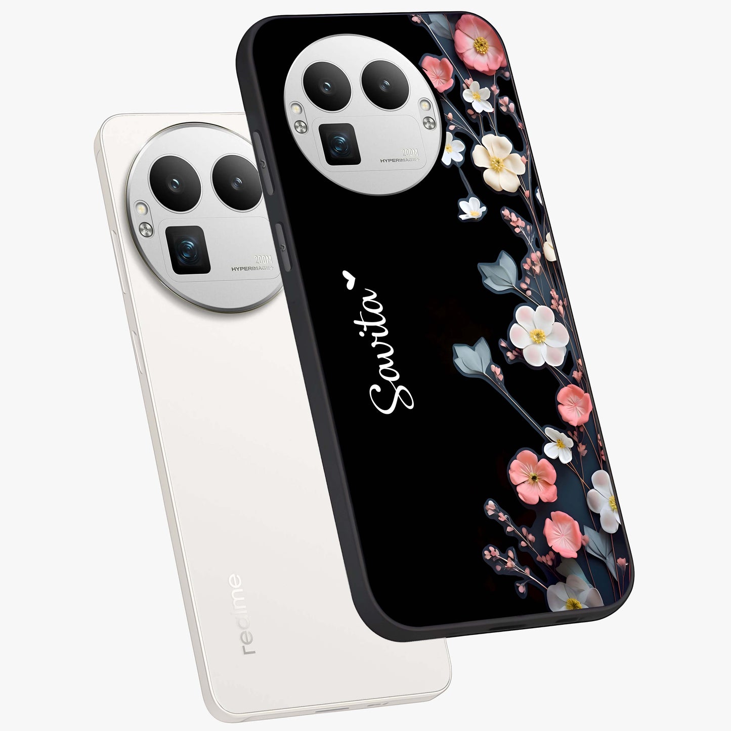 Black Elegance Floral Custom Name Glass Case displayed in angled mockup highlighting dark floral aesthetic and custom name feature.