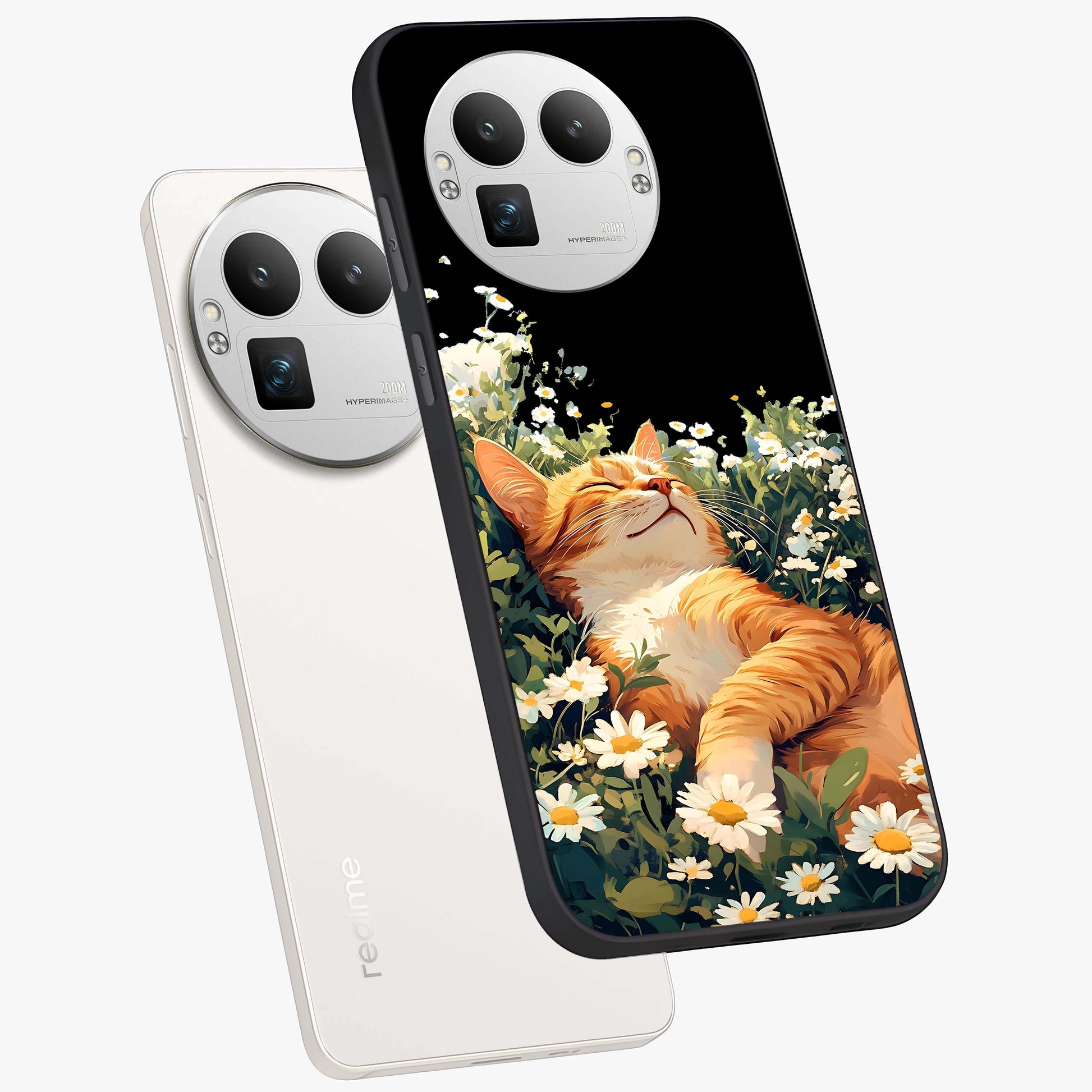 Blissful Bloom Cat Glass Case displayed in angled mockup highlighting playful feline illustration with soft floral aesthetic.