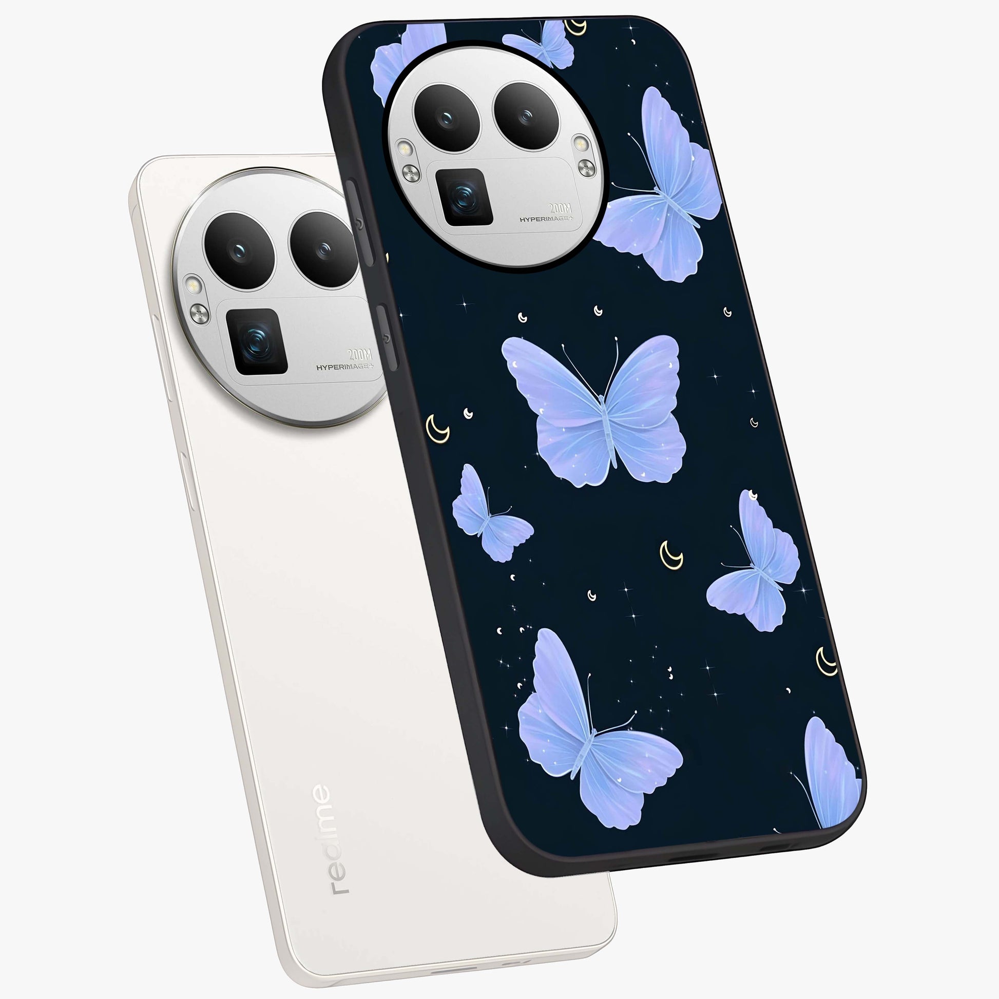 Butterfly With Stars Pattern Glass Case displayed in angled mockup highlighting dreamy butterfly and star design with aesthetic theme.