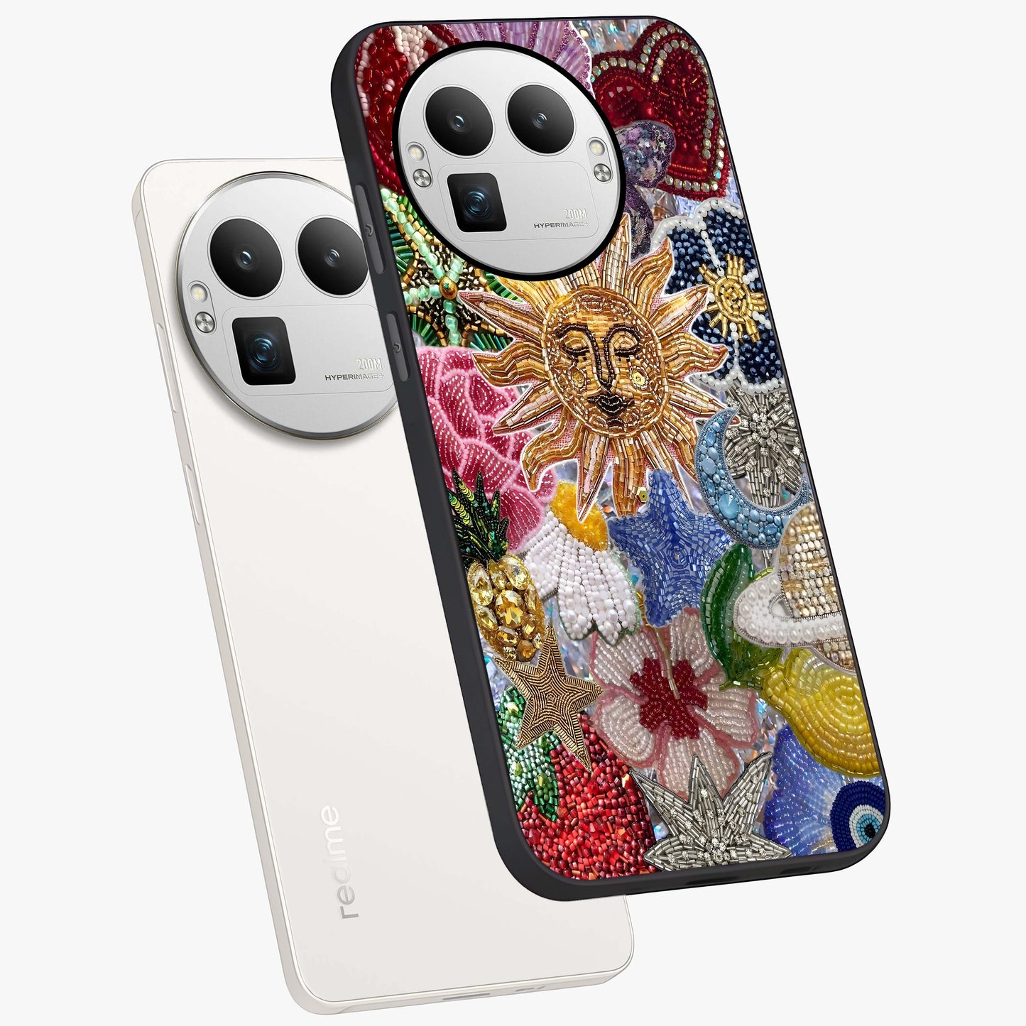 Celestial Floral and Playful Glass Case displayed in angled mockup highlighting playful floral design with dreamy celestial elements.