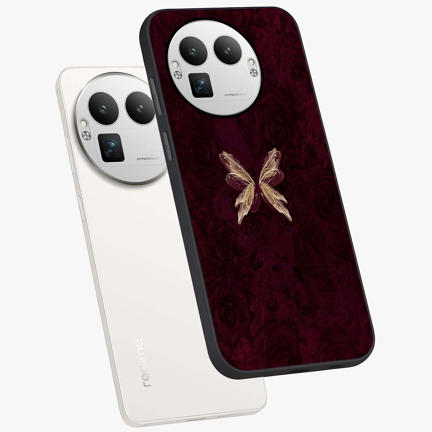 Crimson Fade Butterfly Glass Case displayed in angled mockup highlighting elegant butterfly design with crimson gradient aesthetic.