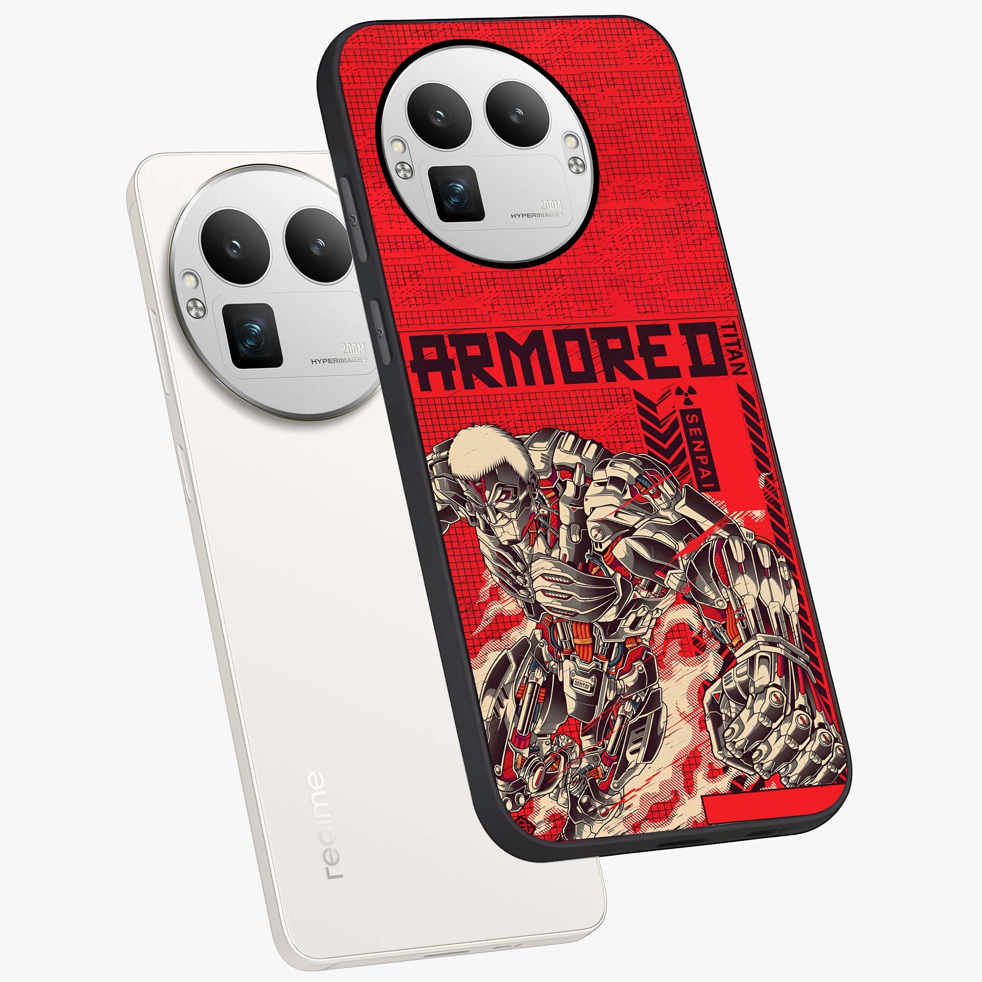 Crimson Mecha Titan Glass Case displayed in angled mockup highlighting futuristic mech illustration with bold crimson aesthetic.