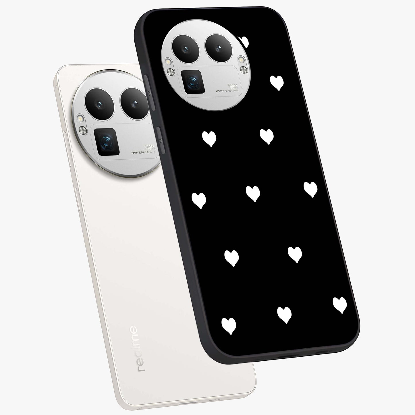 Cute And Simple White Hearts Glass Case displayed in angled mockup highlighting cute heart design with clean aesthetic style.