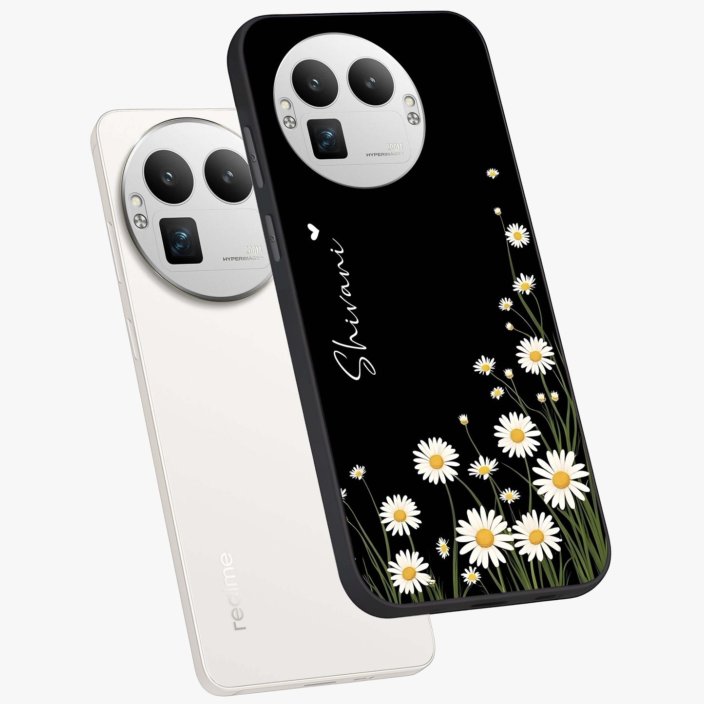Daisy Cascade Custom Name Glass Case displayed in angled mockup highlighting delicate daisy artwork with custom name feature.