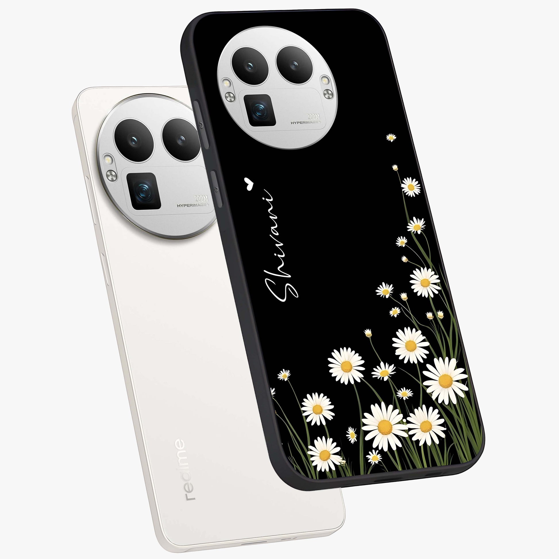Daisy Cascade Custom Name Glass Case displayed in angled mockup highlighting delicate daisy artwork with custom name feature.