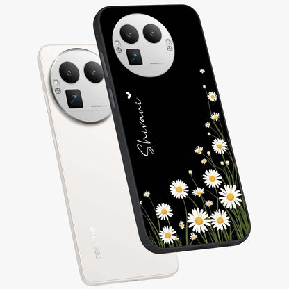 Daisy Cascade Custom Name Glass Case displayed in angled mockup highlighting delicate daisy artwork with custom name feature.
