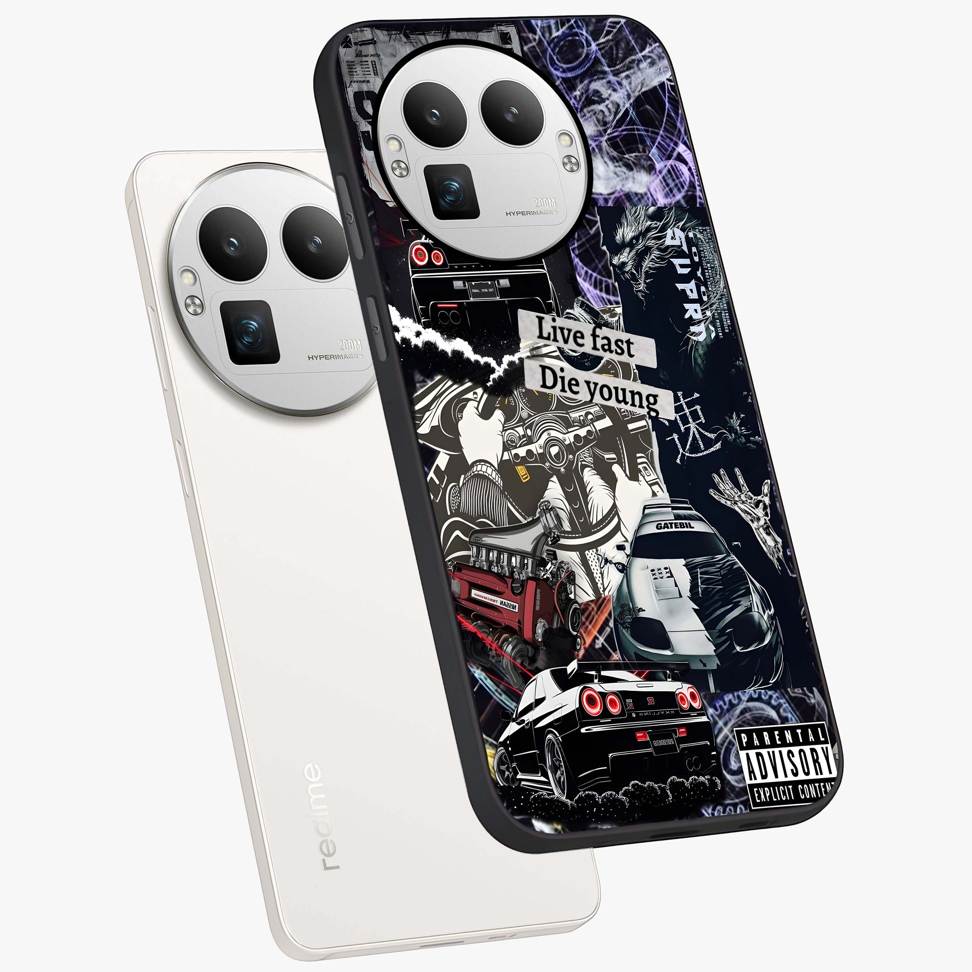 Die Young Glass Case displayed in angled mockup highlighting expressive graphic artwork with edgy aesthetic style.