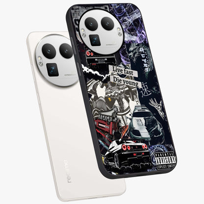 Die Young Glass Case displayed in angled mockup highlighting expressive graphic artwork with edgy aesthetic style.