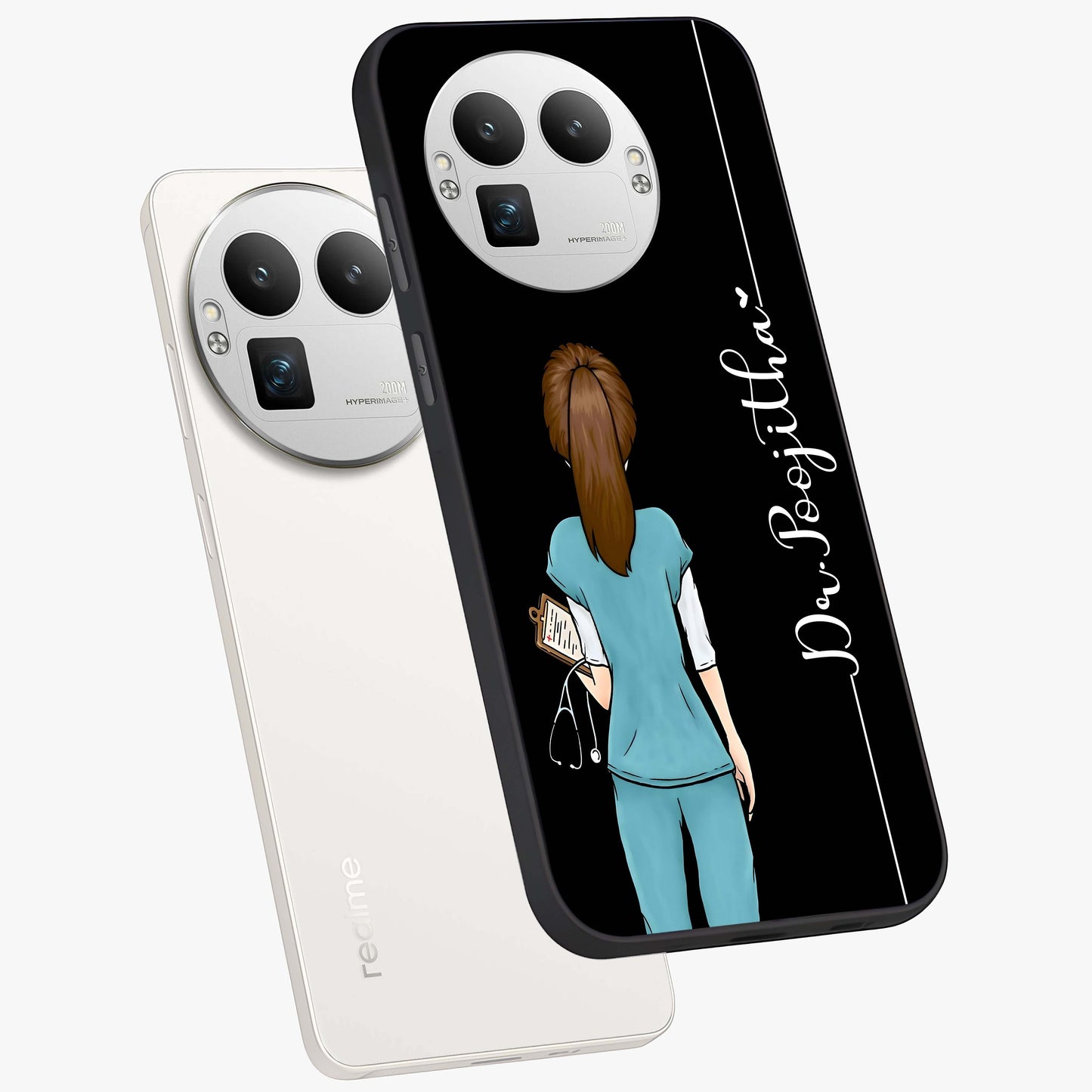 Doctor Pattern Custom Name Glass Case displayed in angled mockup highlighting doctor inspired artwork with custom name feature.