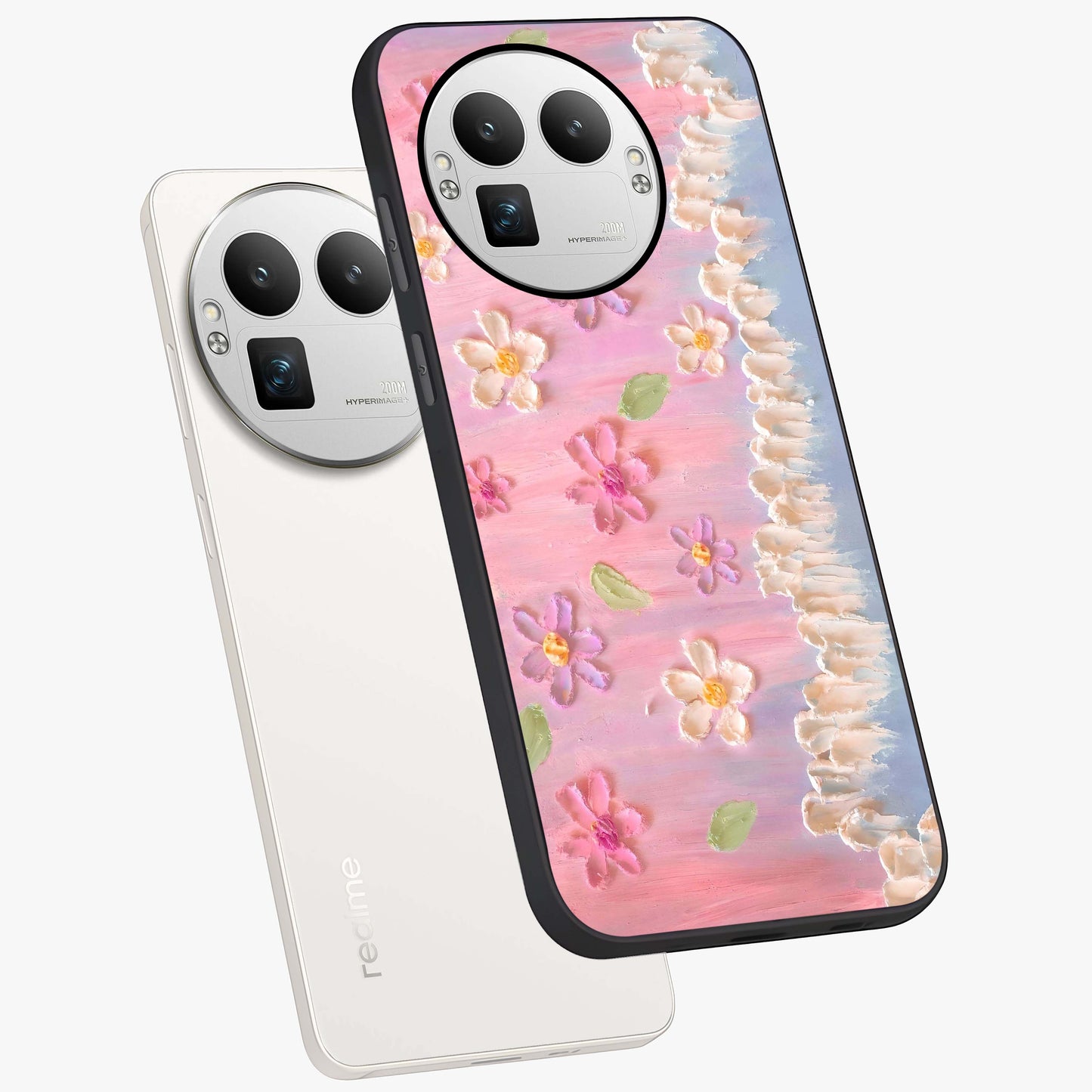Dreamy Painted Garden Glass Case displayed in angled mockup highlighting colorful garden illustration with dreamy aesthetic style.
