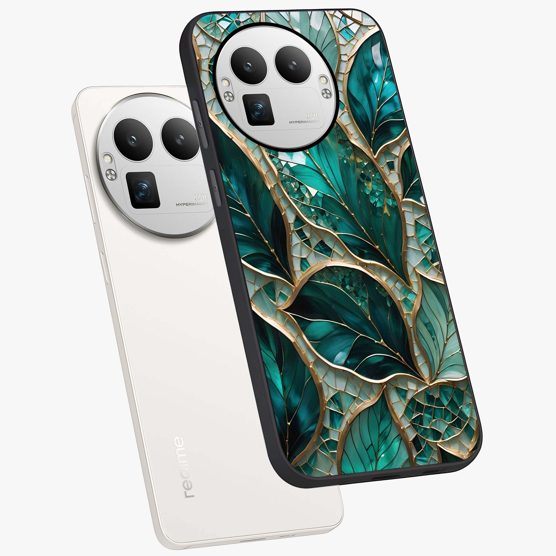Emerald Leaf Glass Glass Case displayed in angled mockup highlighting botanical leaf illustration with elegant natural aesthetic.
