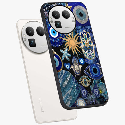 Evil Eye Charm Mix Glass Case displayed in angled mockup highlighting protective evil eye symbols with spiritual aesthetic design.
