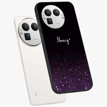 Glittery Purple Bokeh Custom Name Glass Case displayed in angled mockup highlighting glitter bokeh pattern with custom name feature.
