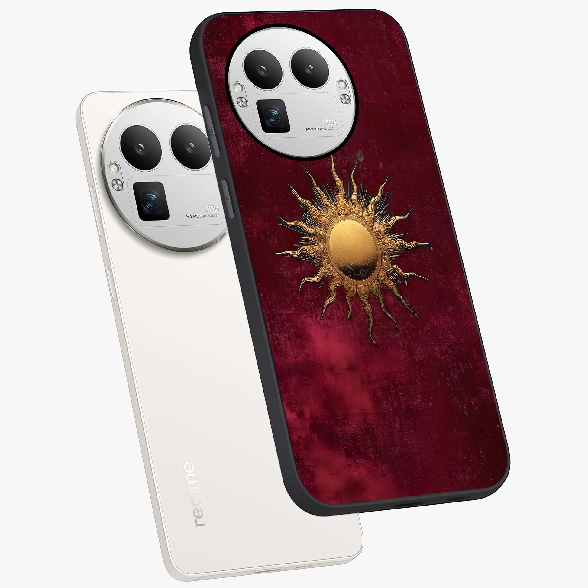 Golden Sun Minimalism Glass Case displayed in angled mockup highlighting clean sun symbol design with modern minimal aesthetic.