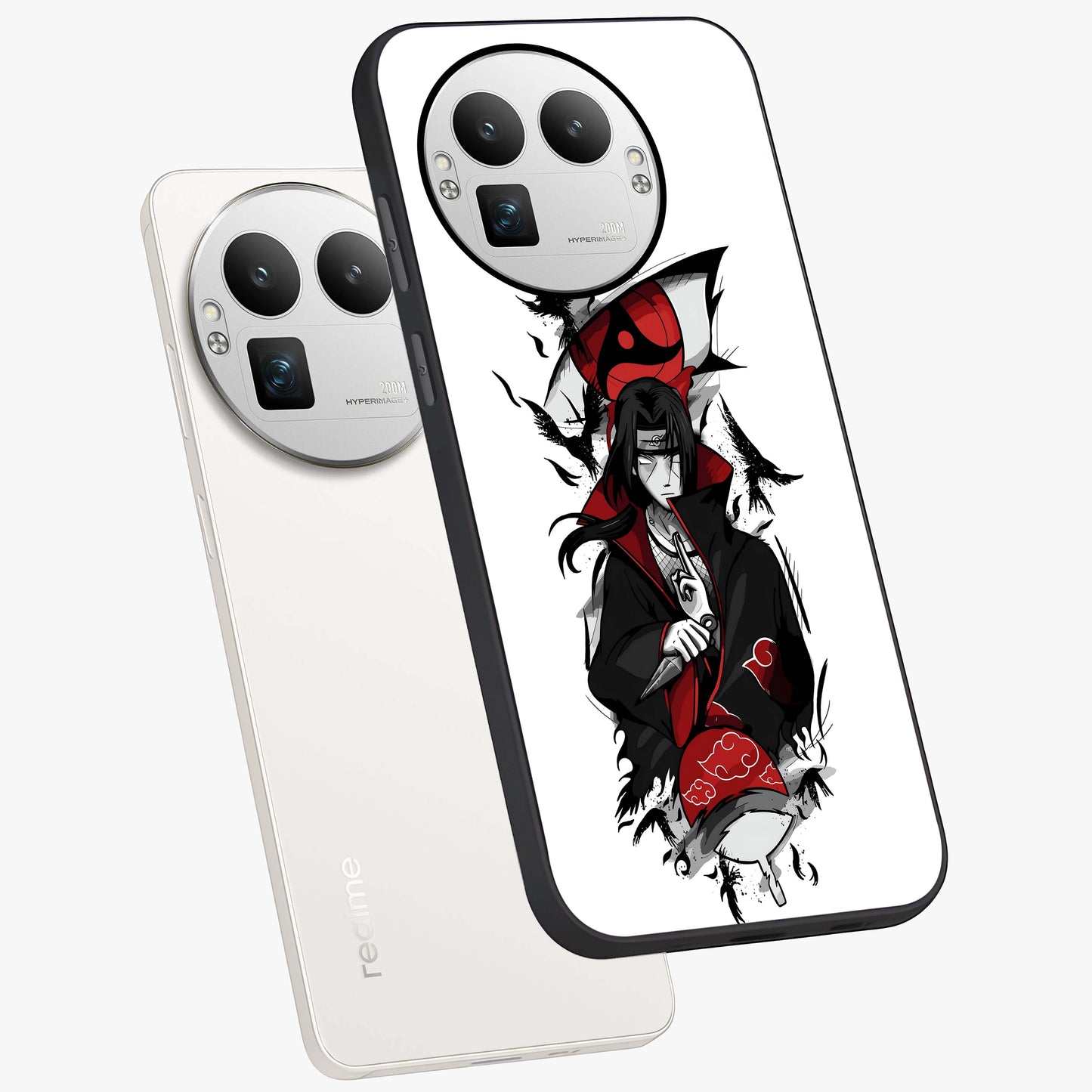 Itachi Limited Edition Naruto Anime Glass Case displayed in angled mockup highlighting dramatic anime illustration with bold action aesthetic.