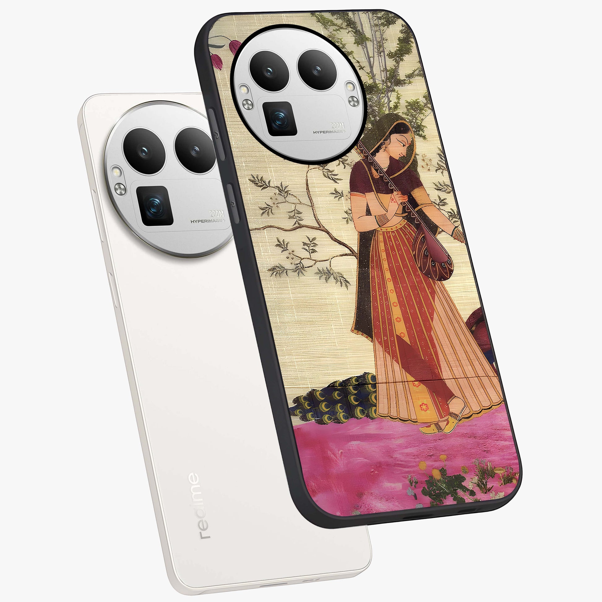 Lady With Veena Art Glass Case displayed in angled mockup highlighting graceful musical illustration with cultural artistic aesthetic.