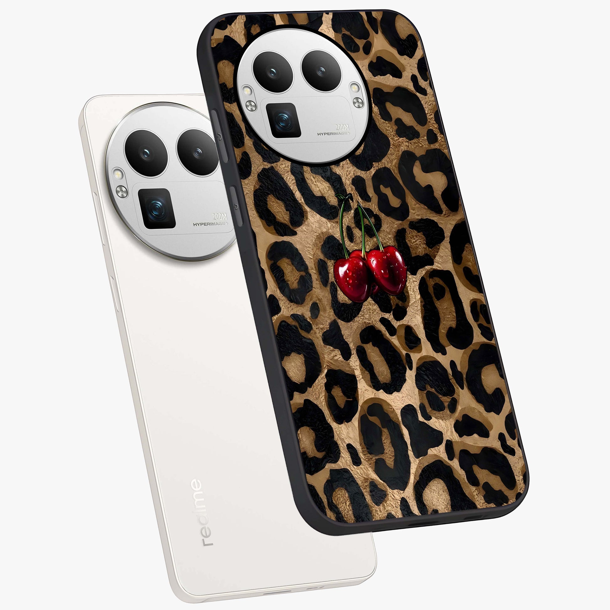 Leopard Wild Cherry Glass Case displayed in angled mockup highlighting bold animal print design with playful cherry aesthetic.