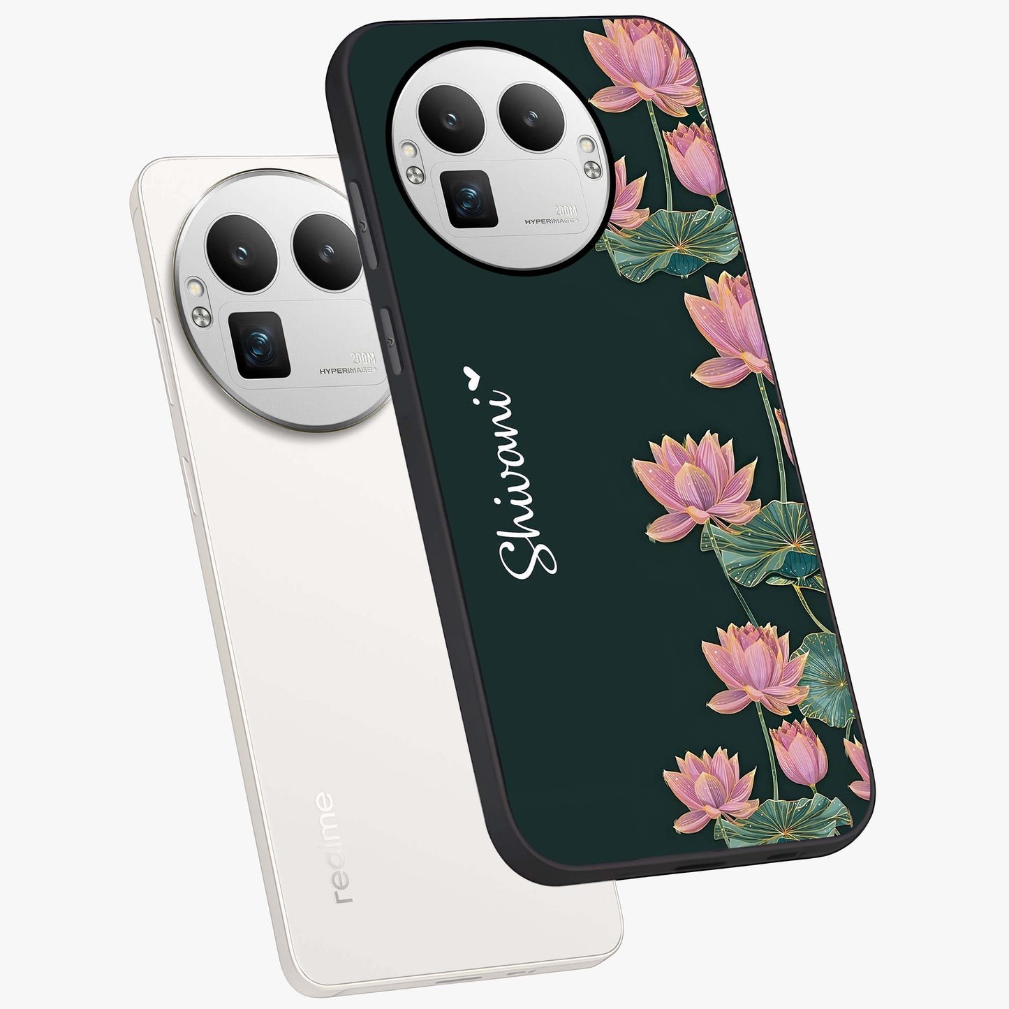 Lotus Bloom Serenity Custom Name Glass Case displayed in angled mockup highlighting graceful lotus illustration with custom name feature.