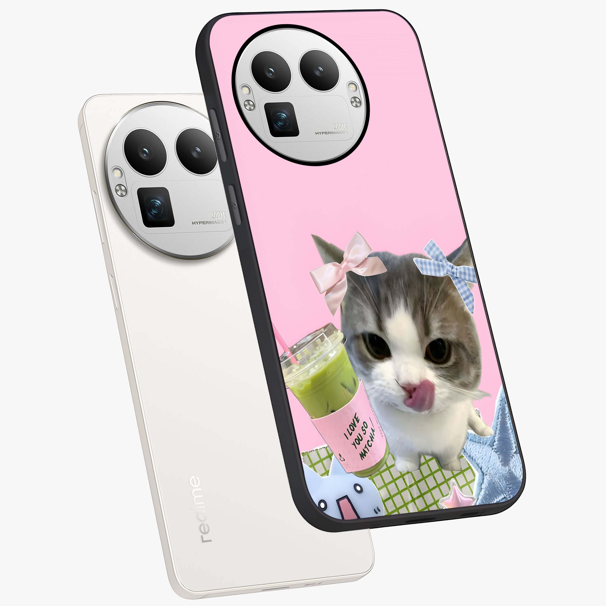Love Matcha Cat Glass Case displayed in angled mockup highlighting playful feline illustration with cozy matcha aesthetic.