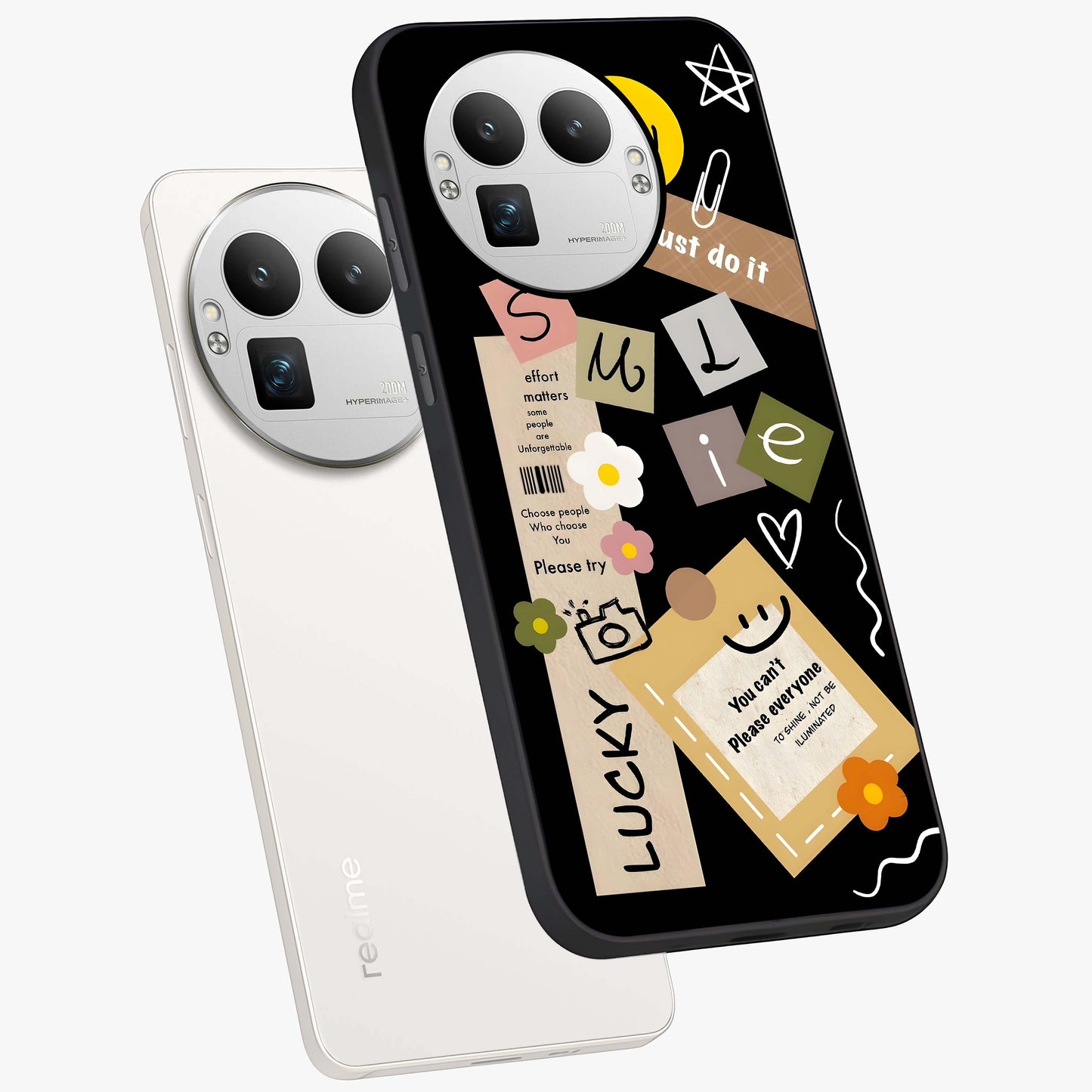Lucky Aesthetic Collage Glass Case displayed in angled mockup highlighting stylish collage pattern with modern aesthetic vibe.
