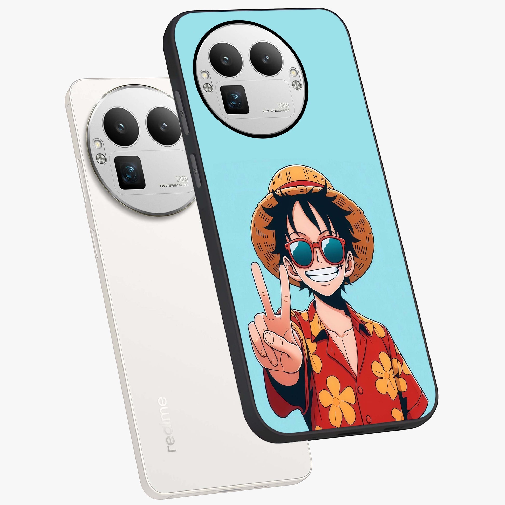 Luffy Summer Anime Vibe Glass Case displayed in angled mockup highlighting energetic anime illustration with summer vibe aesthetic.
