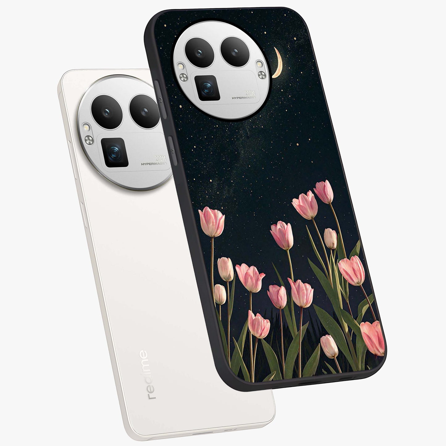 Midnight Tulip Whispers Vibe Glass Case displayed in angled mockup highlighting delicate tulip design with midnight floral aesthetic.