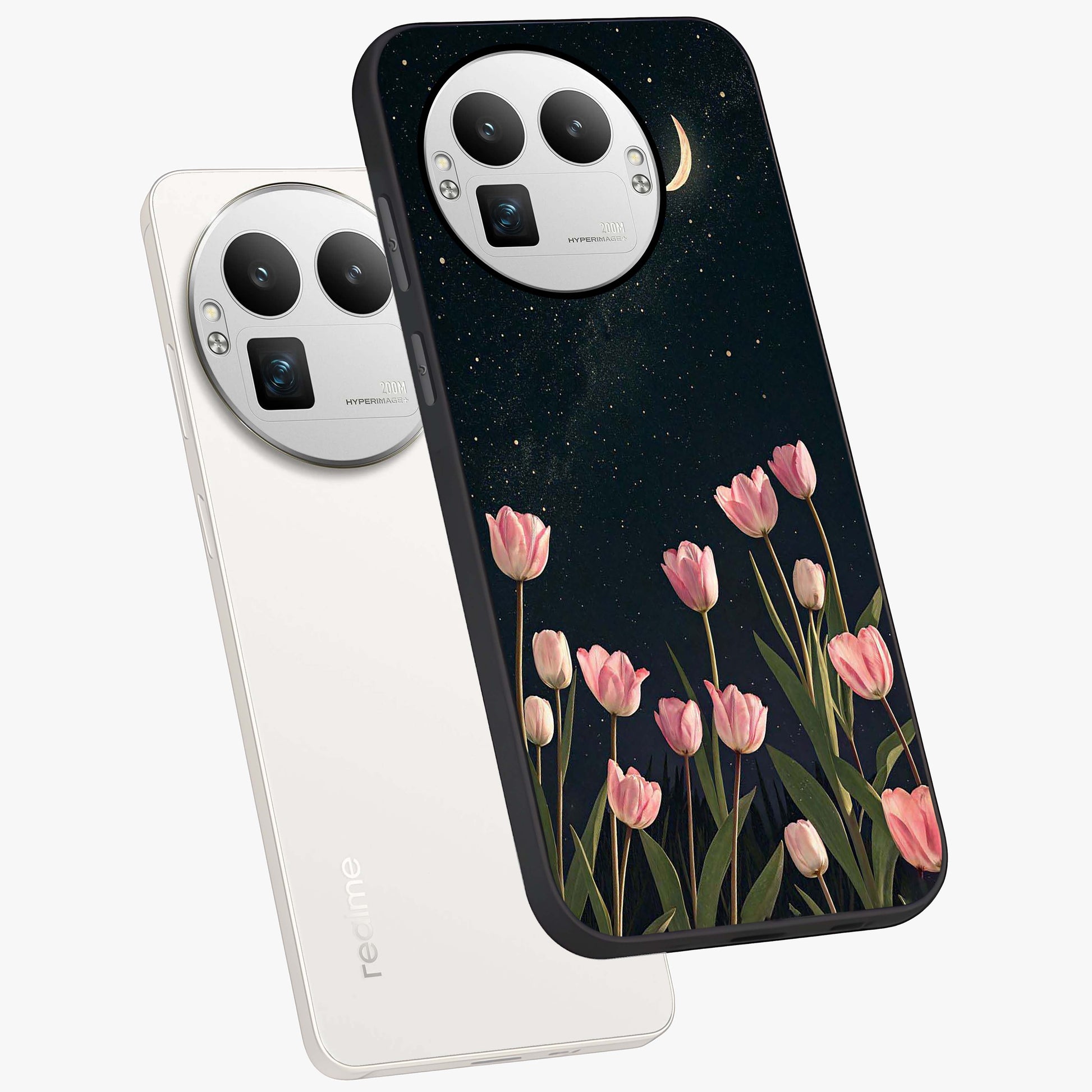 Midnight Tulip Whispers Vibe Glass Case displayed in angled mockup highlighting delicate tulip design with midnight floral aesthetic.