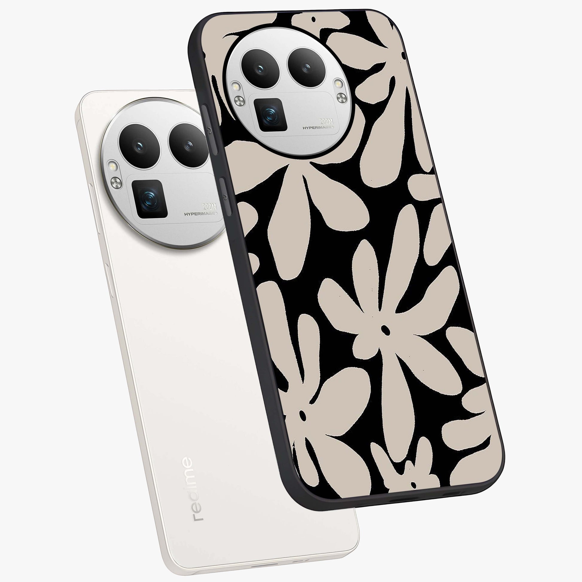 Monochrome Petal Dance Glass Case displayed in angled mockup highlighting elegant petal design with black and white aesthetic.