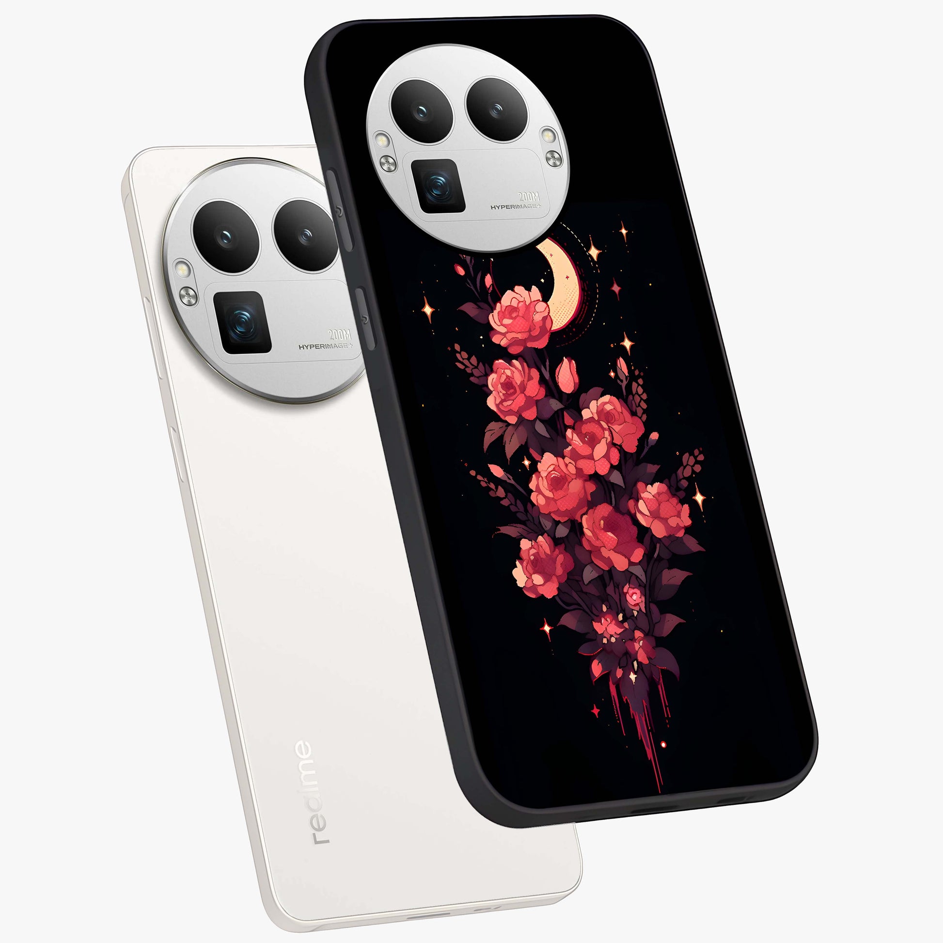 Moonlit Floral Elegance Glass Case displayed in angled mockup highlighting graceful flower design with soft moonlight aesthetic.