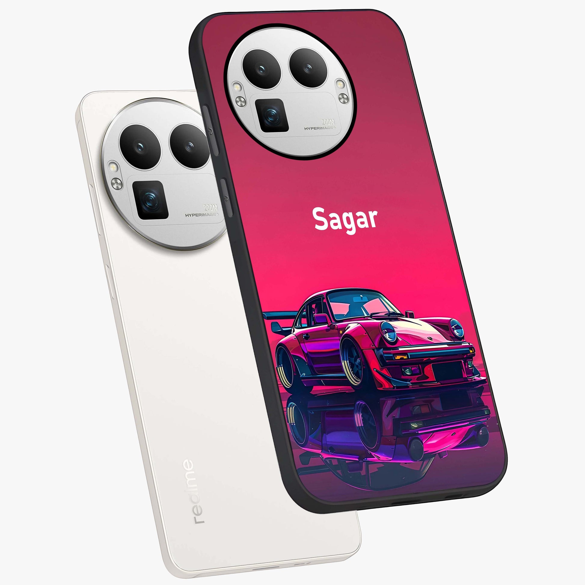 Neon Pink Porsche Glass Case displayed in angled mockup highlighting sleek neon pink car design with racing aesthetic.