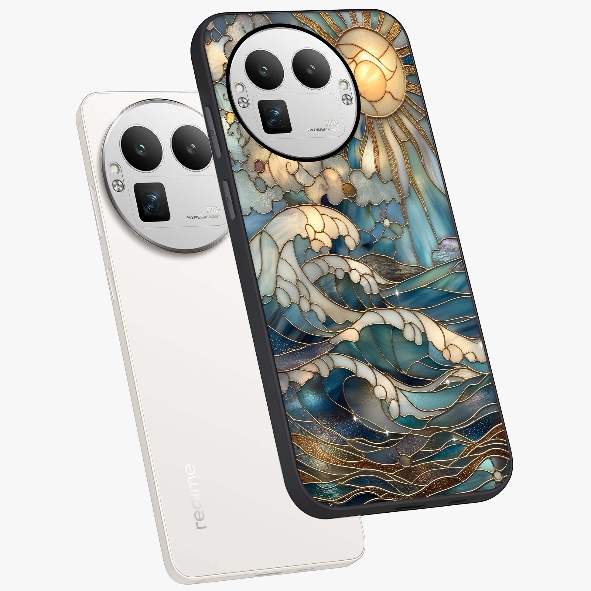 Oceanic Stained Printed Glass Case displayed in angled mockup highlighting colorful aquatic design with artistic aesthetic style.