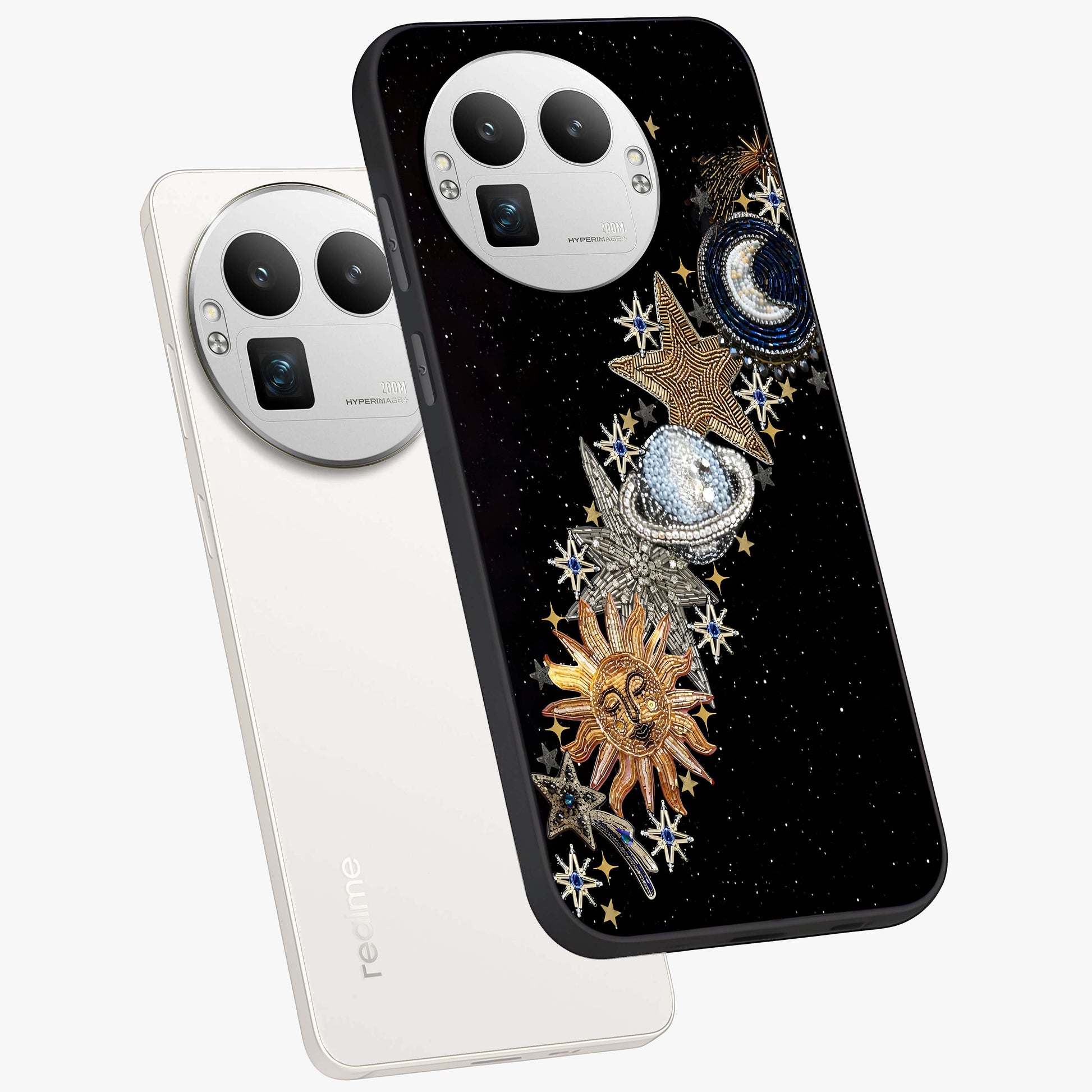 Pearls Universe Object Glass Case displayed in angled mockup highlighting celestial pearl design with dreamy aesthetic.