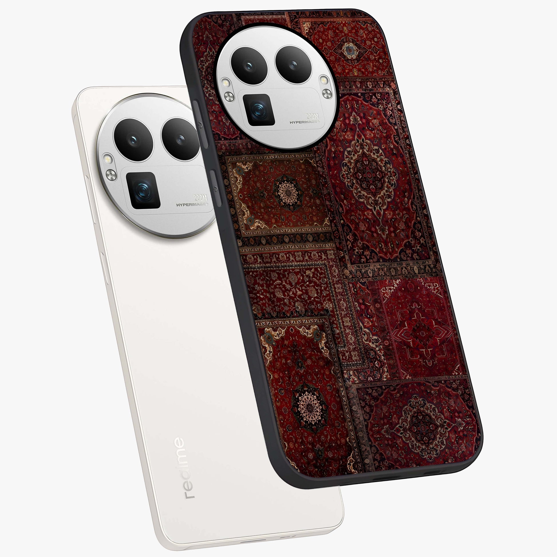 Persian Velvet Tale Glass Case displayed in angled mockup highlighting ornate textile inspired design with royal aesthetic.