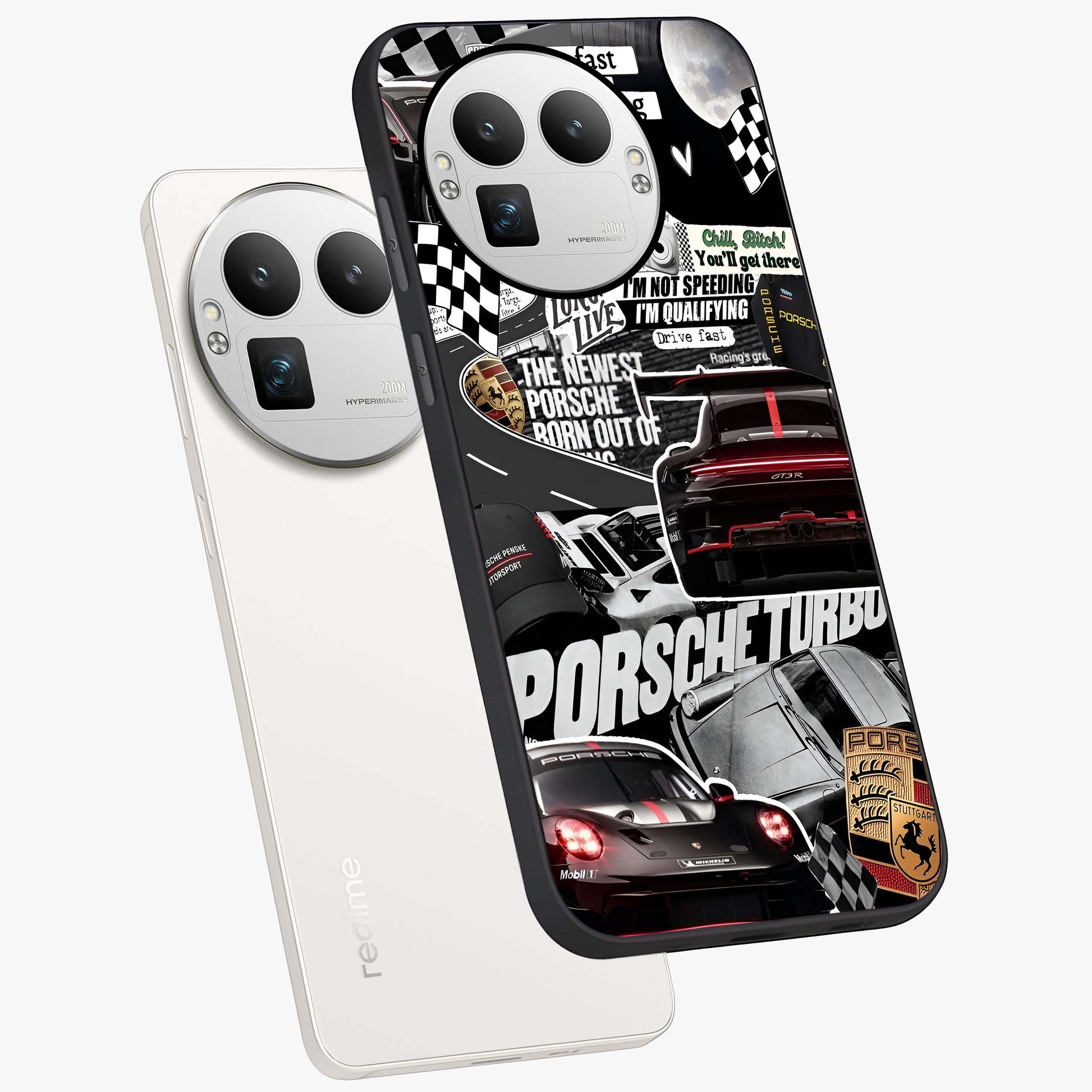 Porsche Racing Collage Glass Case displayed in angled mockup highlighting dynamic automotive design with bold racing aesthetic.