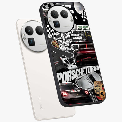 Porsche Racing Collage Glass Case displayed in angled mockup highlighting dynamic automotive design with bold racing aesthetic.