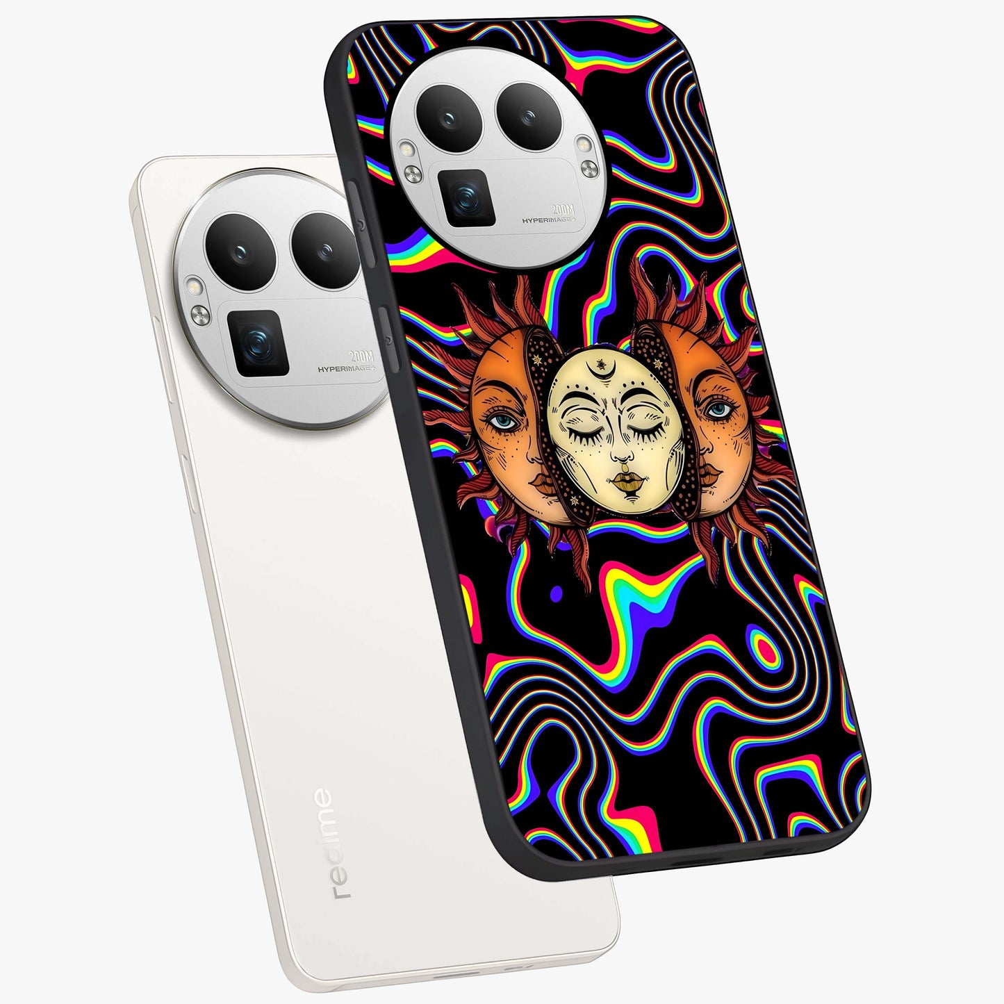 Psychedelic Sun Glass Case displayed in angled mockup highlighting vibrant abstract sun design with artistic aesthetic style.