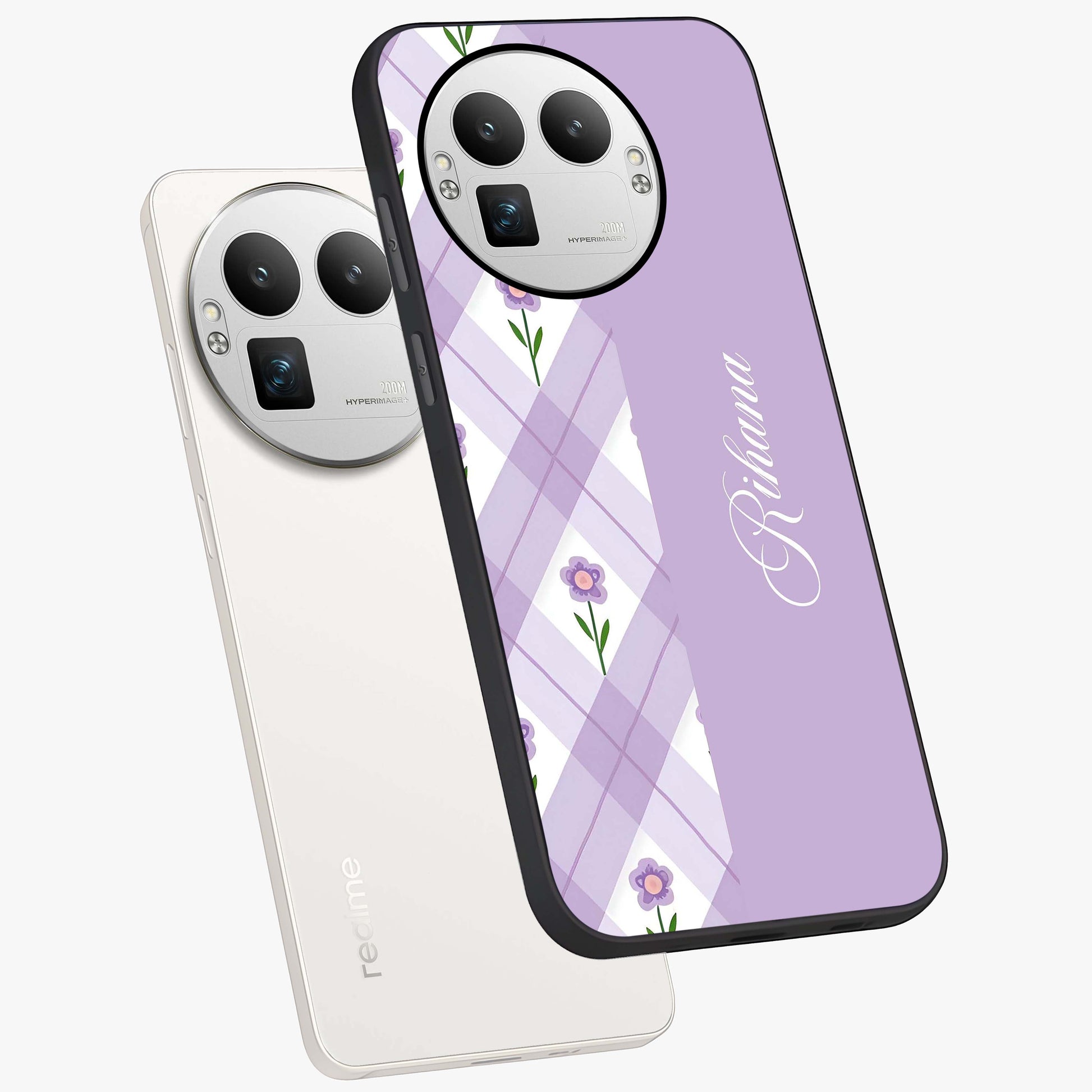 Purple Diamond Floral Glass Case displayed in angled mockup highlighting elegant purple flower design with decorative pattern.
